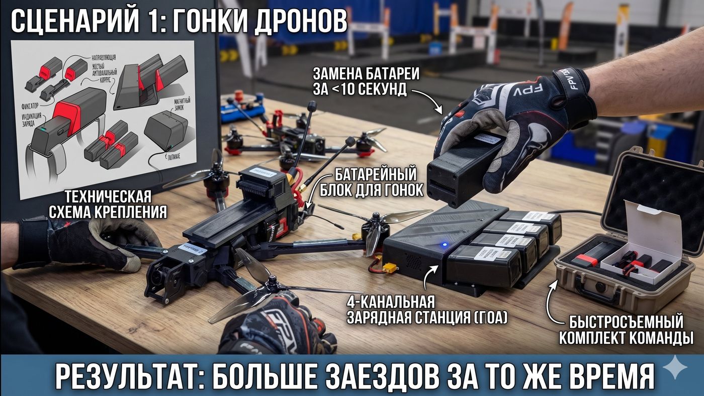 Гонки дронов: быстрая замена батареи между заездами
